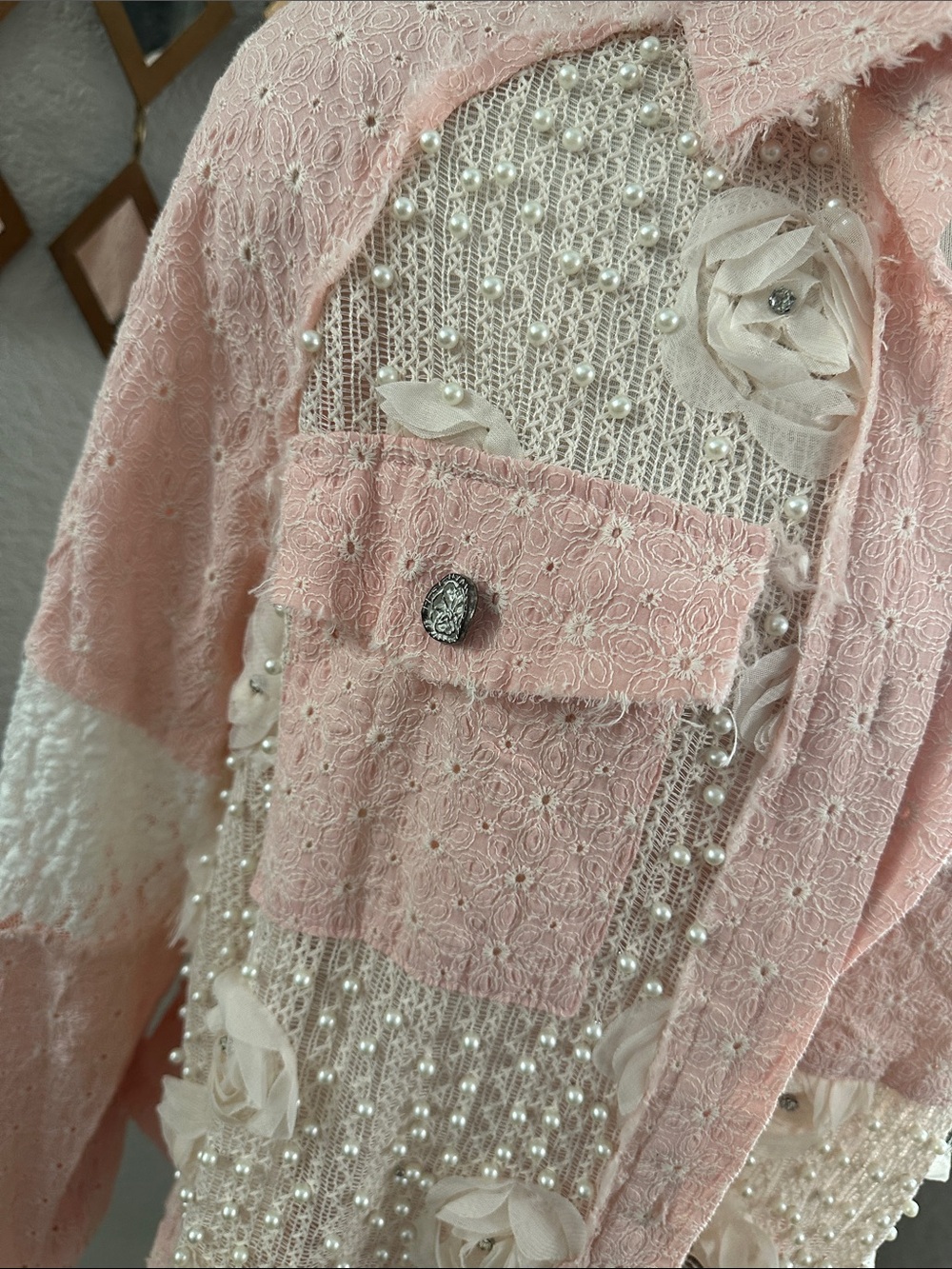POL Lace Patchwork Pearl Embellished Floral Button Up Jacket - Picture 6 of 10